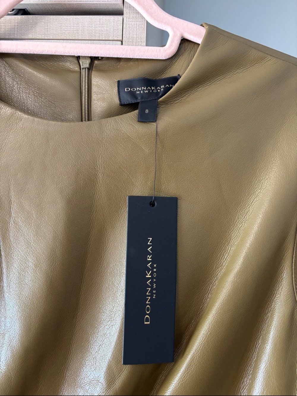 NWT Donna Karan New York Olive Green Faux-Leather side Ruched Midi Dress size 8 - Picture 5 of 7